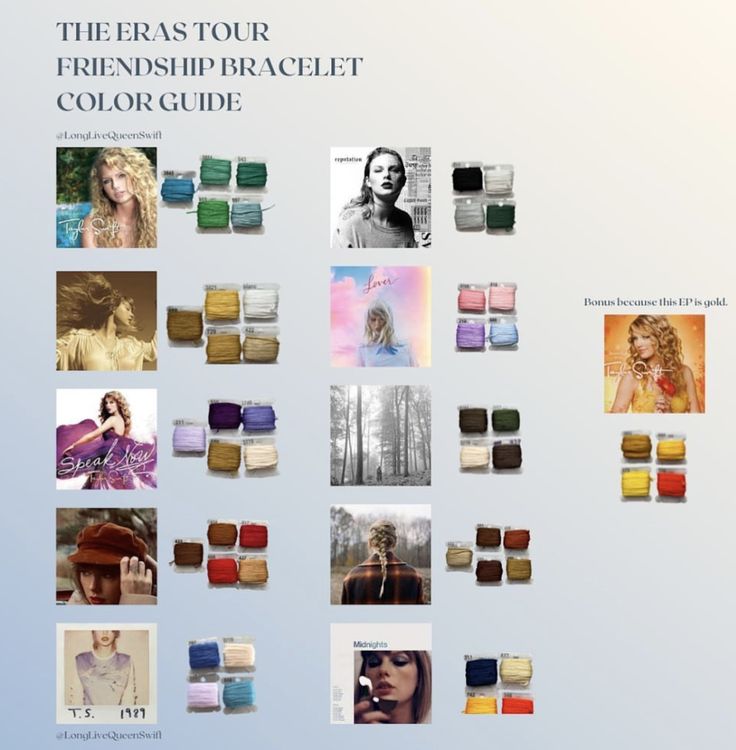 Taylor Swift Friendship Bracelet Color Guide, Taylor Swift Album Color Palette Bracelet, Eras Tour Friendship Bracelets, Swift Bracelet, Taylor Swift Birthday Party Ideas, Era Tour, Birkenstock Sandals Women, Taylor Outfits, Taylor Swift Party