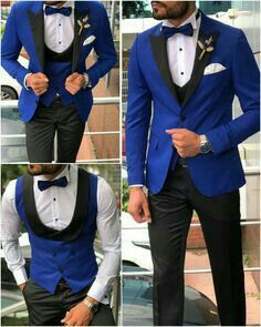 four different pictures of a man wearing a blue tuxedo and black bow tie