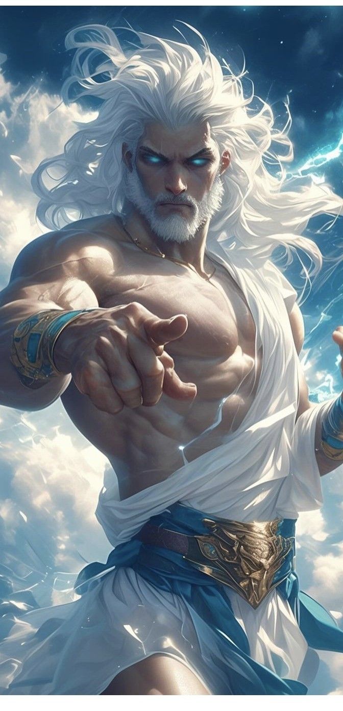 an image of a man with white hair and beards in the sky holding his fist up