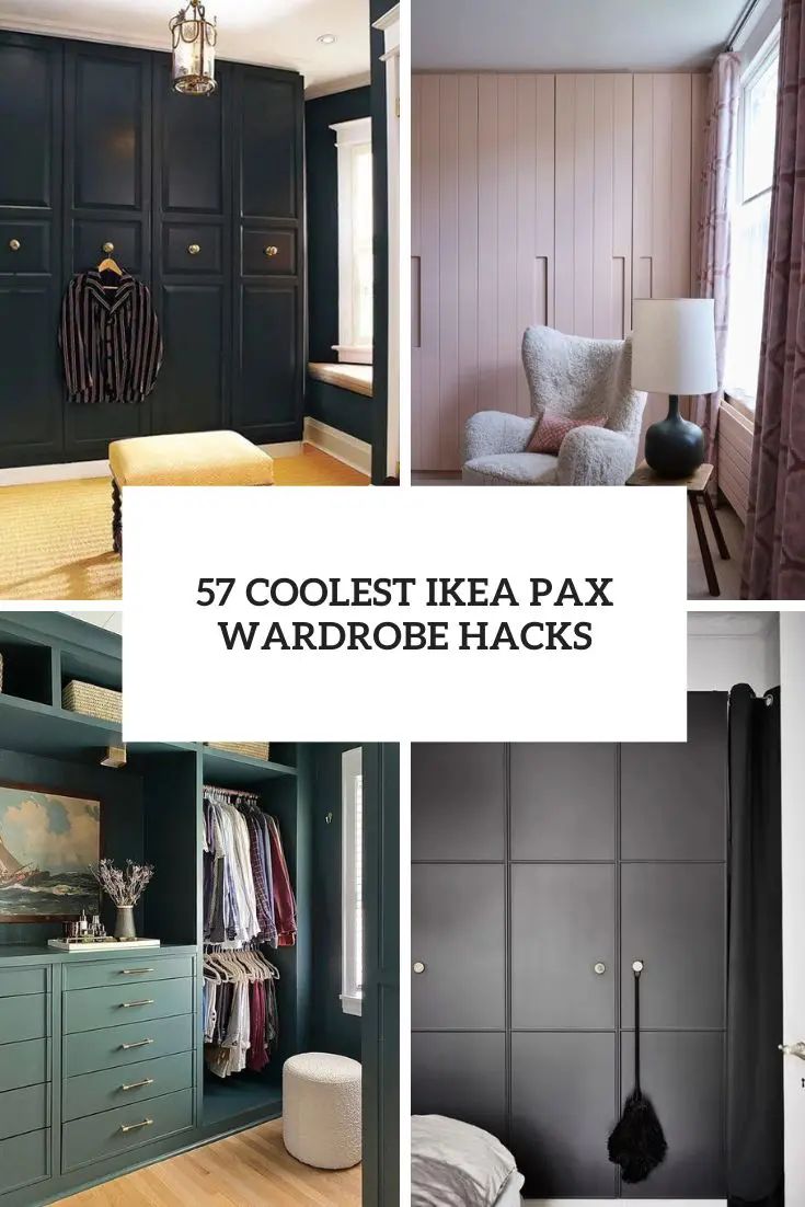 the collage shows several different rooms with black and white furniture, including closets