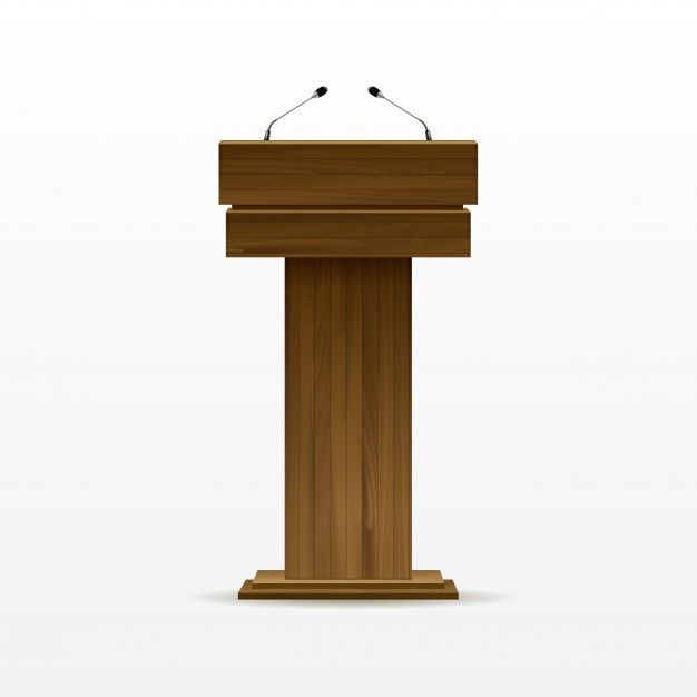 a wooden podium with a microphone on top