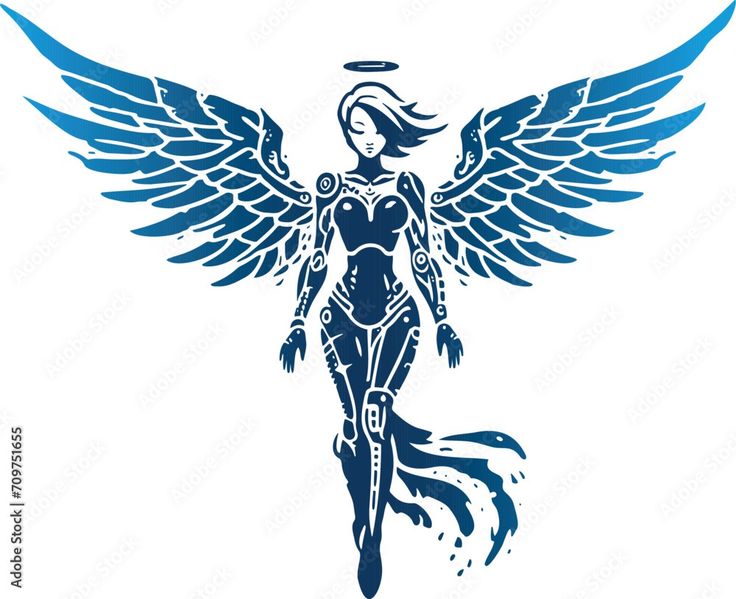 an angel with blue wings is shown in the shape of a woman's body