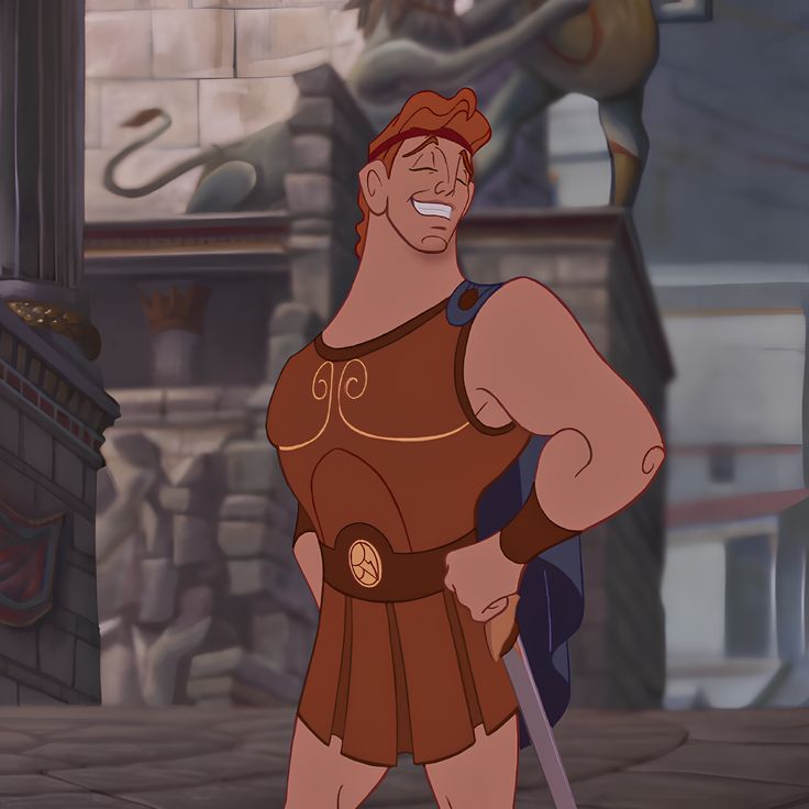 a cartoon character with a big smile on his face and arms, standing in front of a stone building