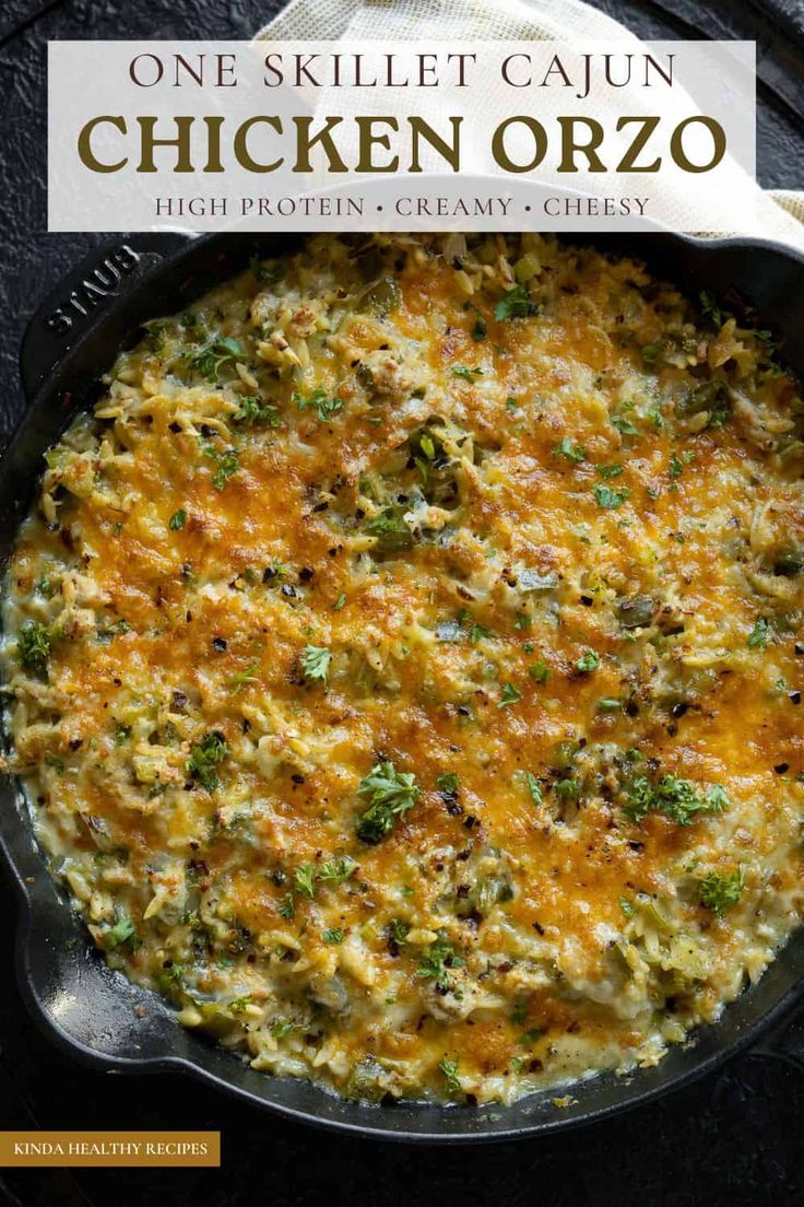 one skillet cauliflower chicken orzo recipe in a cast iron skillet