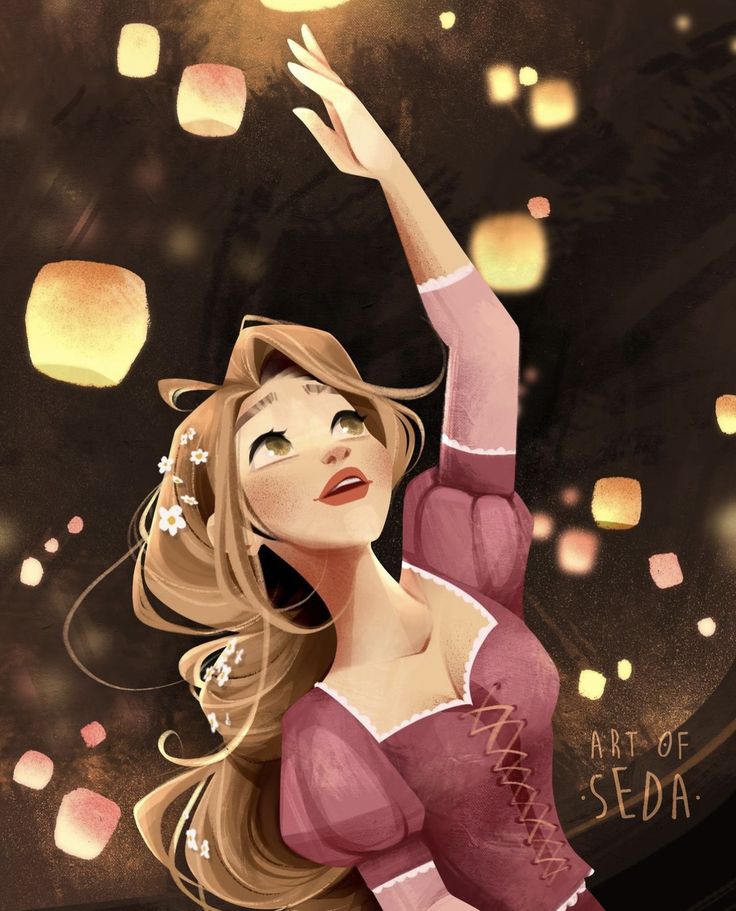 a woman in a red dress is holding her hand up to the sky with lanterns floating above