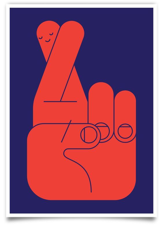 a red hand with two fingers pointing to the left, and an orange object in the middle