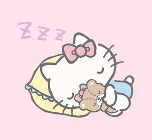 a hello kitty sleeping with her teddy bear