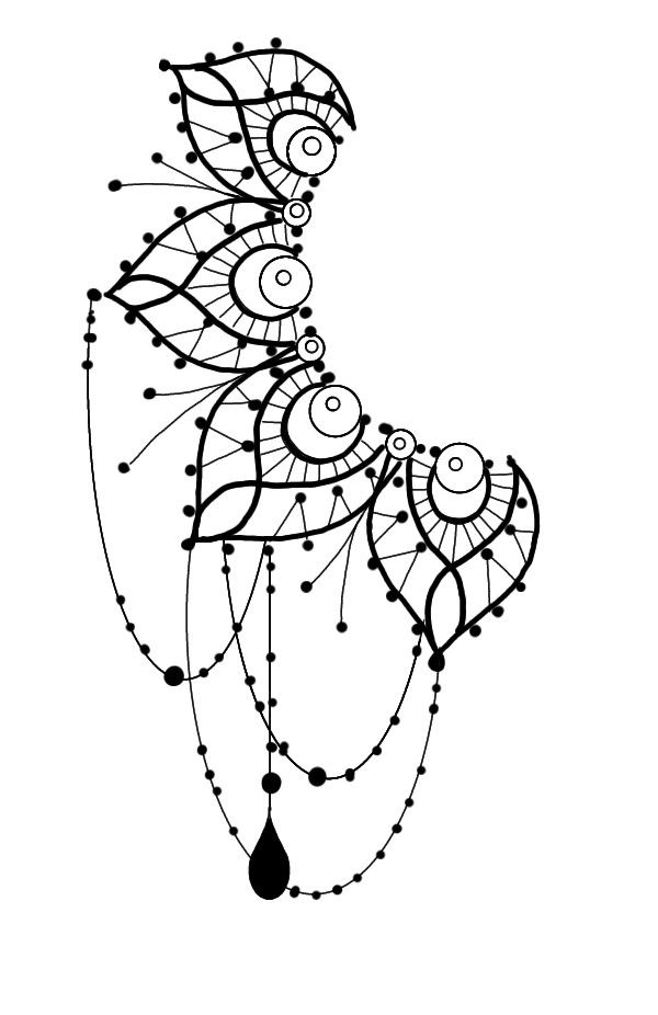 an intricate black and white drawing of a bird with beads on it's tail