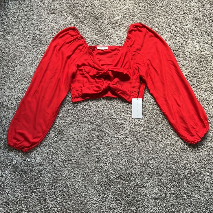 - Brand New - Measurements Shown In Photos - Two Ties In Front Red Long Sleeve Blouse For Day Out, Red Long Sleeve Cotton Crop Top, Red Stretch Cotton Blouse, Red Spring Tops For Brunch, Red Tops For Spring Brunch, Red Cropped Blouse For Spring, Red Blouse For Fall Brunch, Red Blouse For Fall Day Out, Red Long Sleeve Blouse For Brunch