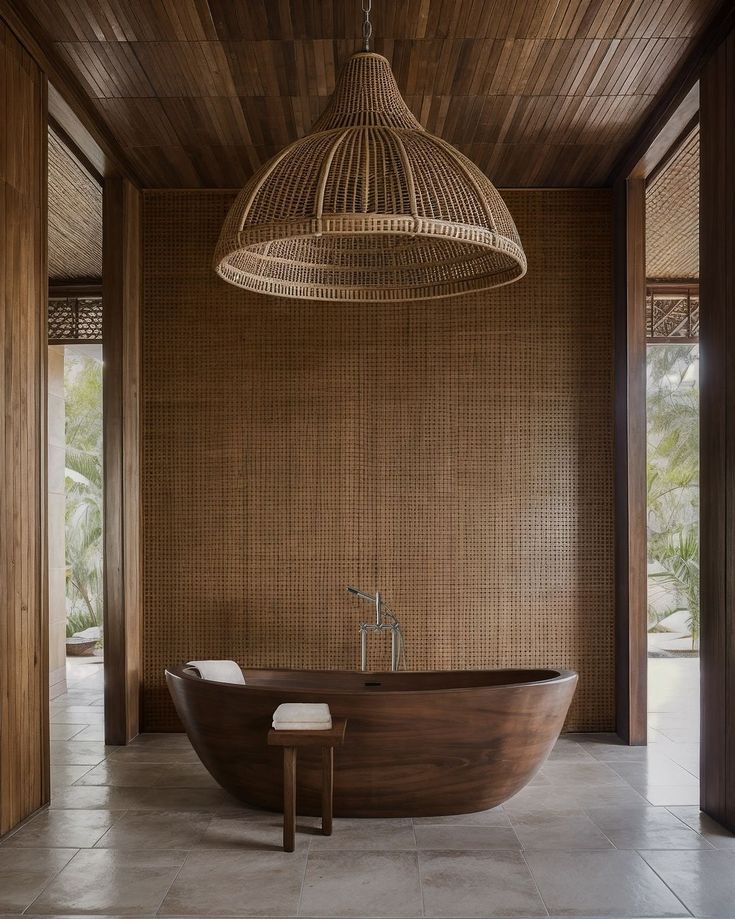 a large wooden bath tub sitting under a light fixture