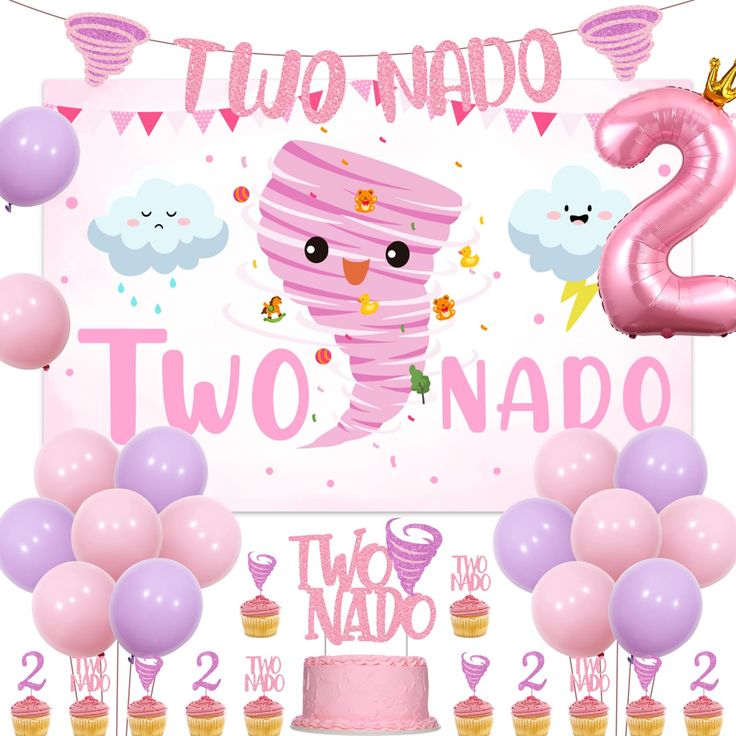 two nabo birthday party decorations including balloons, cake and cupcakes on a white background