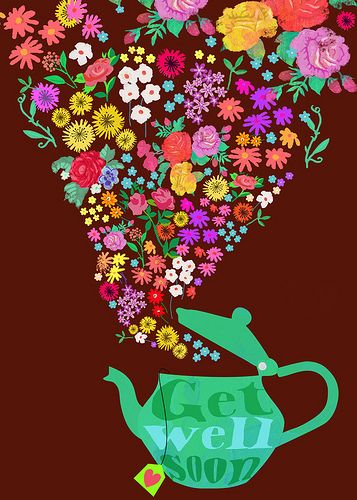 a teapot filled with lots of flowers on top of a brown background and the words get well written below it