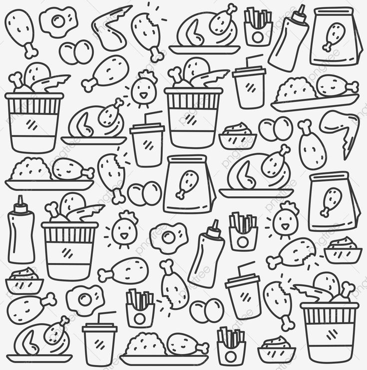 a black and white drawing of food items