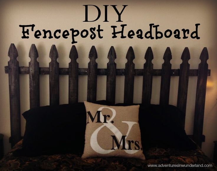 a bed with a pillow on top of it and the words diy fencepost headboard above it