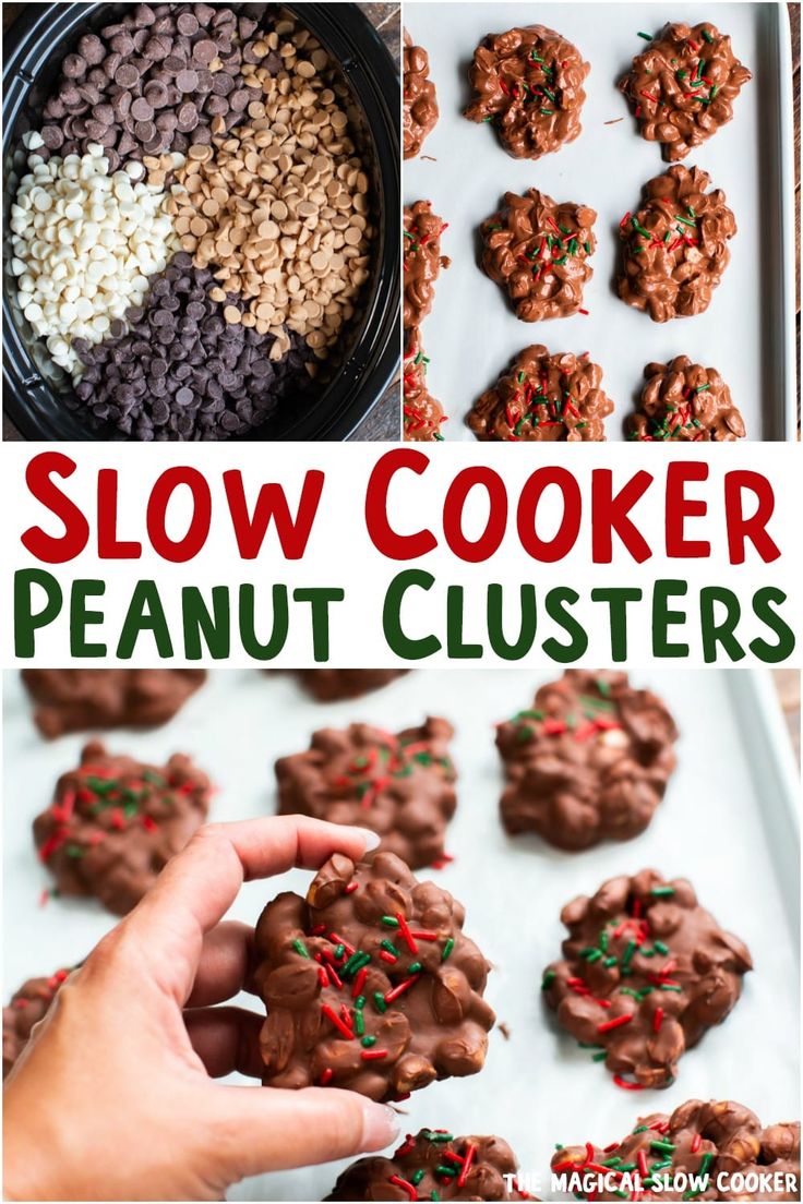 a collage of pictures showing how to make slow cooker peanut clusters with chocolate and sprinkles