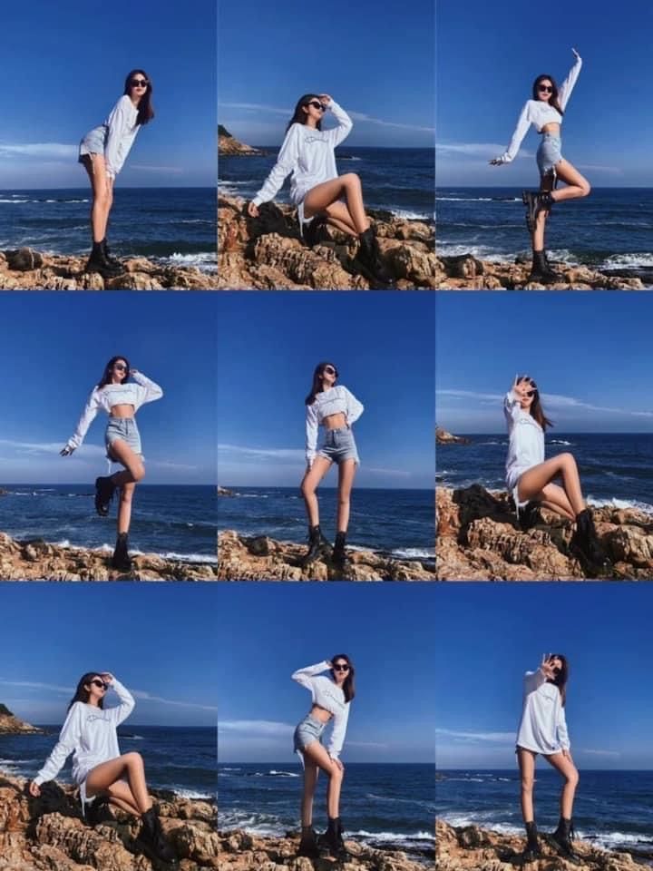 multiple pictures of a woman posing on the rocks by the ocean with her legs crossed