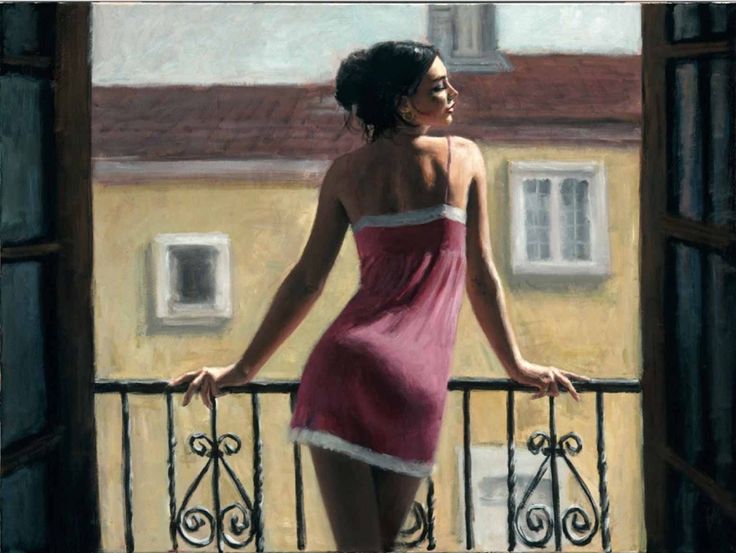 a painting of a woman in a pink dress standing on a balcony looking out the window