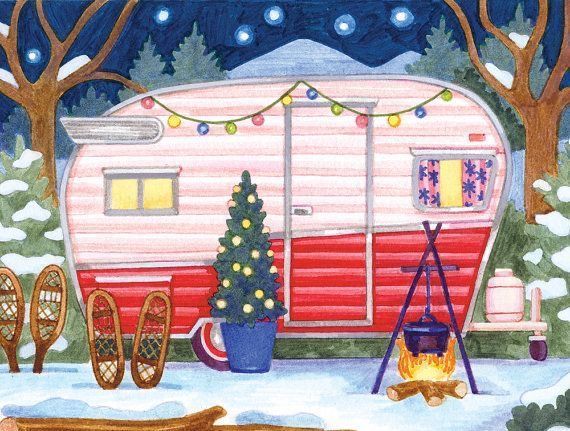 a painting of a camper in the snow with a christmas tree next to it