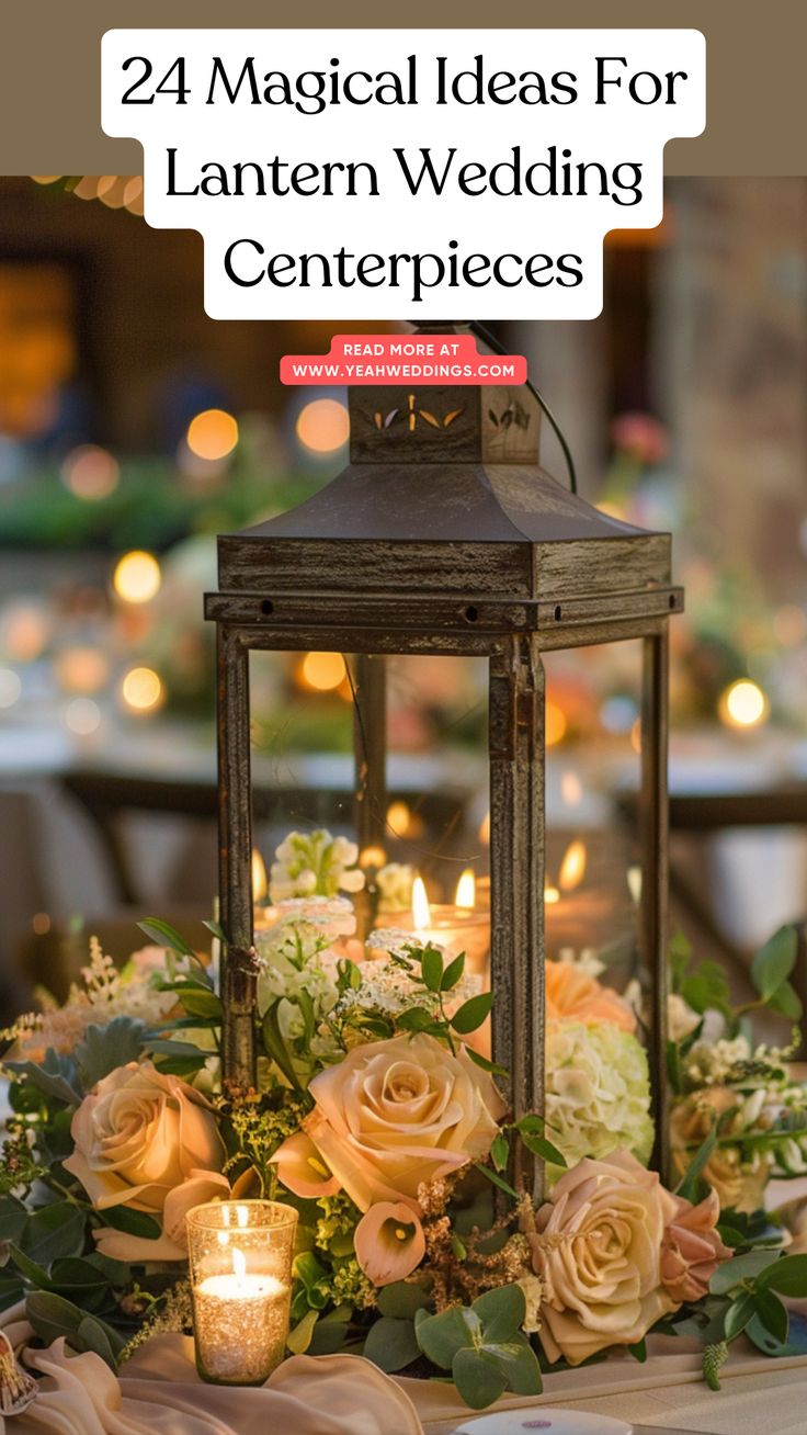 Elegant wedding centerpiece featuring a rustic lantern decorated with flowers and candles, creating a warm and inviting glow. Lantern Centerpieces With Pampas, Wedding Table With Lanterns, Open Lantern Centerpiece, Lantern Greenery Centerpiece, Lantern And Eucalyptus Centerpiece, Bridesmaid With Lanterns, Lantern Wedding Centerpieces Diy, Wedding Decorations With Lanterns, Flowers In Lanterns