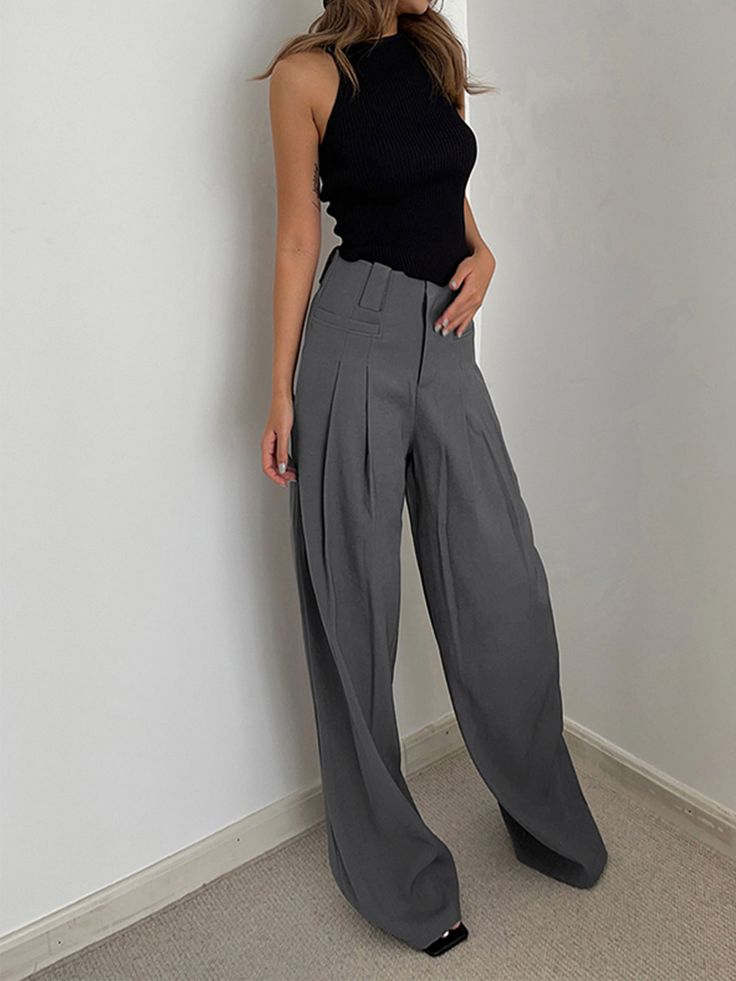 Details Composition: 92% Polyester, 8% Elastane Design: Pocket Style: Casual Thickness: Regular Sheer: No Material: Woven Fabric Occasion: Leisure Size & Fit Pants Length: Long Pants Stretch: Non-stretch Fit Type: Shift Size Length Hips Inseam Waist XS 109 93 77 64 S 110 97 77.5 68 M 111 101 78 72 L 112.5 107 78.5 78 XS 42.9 36.6 30.3 25.2 S 43.3 38.2 30.5 26.8 M 43.7 39.8 30.7 28.3 L 44.3 42.1 31 30.7 Care Instructions Maximum washing temperature 30°C Do not Bleach Line dry The maximum iron pla Gray Wide Leg Pants For Spring, Trendy Pleated Gray Bottoms, Elegant Non-stretch Gray Bottoms, Gray Non-stretch Wide Leg Workwear Pants, Gray Non-stretch Wide Leg Pants For Work, Non-stretch Gray Wide Leg Workwear Pants, Chic Gray Pants, Summer Pleated Fitted Pants, Fitted Pleated Summer Pants