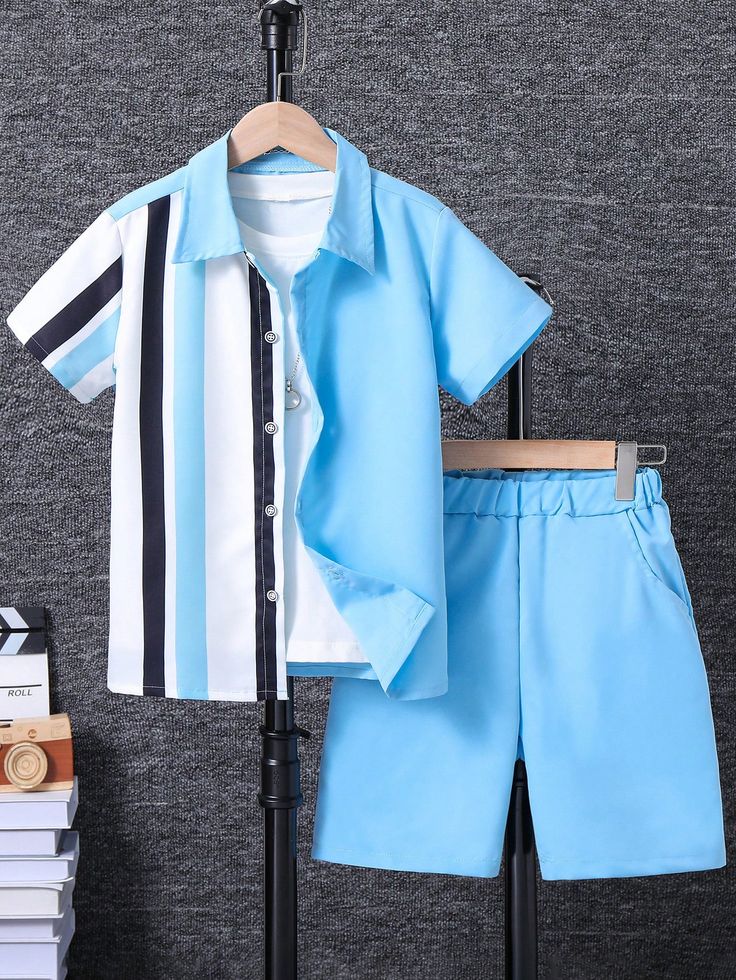 Tween Boy Color Block Short Sleeve Shirt And Shorts Set Baby Blue Casual  Short Sleeve Woven Fabric Geometric,Plain  Non-Stretch  Tween Boys Clothing, size features are:Bust: ,Length: ,Sleeve Length: Shirt And Shorts Set, Boys Stripes, Shirt And Shorts, Boutique Dress Designs, Boys Set, Casual Stripes, Blue Outfit, Boys Clothing, Shorts Set