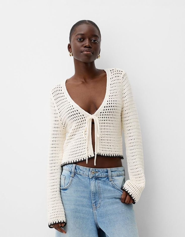 Rustic crochet cardigan - Women | Bershka Fall Crochet V-neck Top With Crochet Trim, Trendy Summer Knitted Outerwear, Summer Knitted V-neck Outerwear, Trendy V-neck Open Knit Cardigan, Chic Crochet Knit Top With Long Sleeves, Chic Open Knit Long Sleeve Cardigan, Chic Open Knit Cardigan For Day Out, Trendy Long Sleeve Crochet Top For Spring, Textured Knit Long Sleeve Cardigan For Day Out