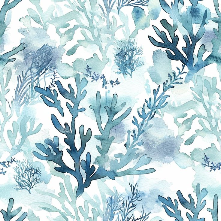 watercolor painting of blue seaweed and corals