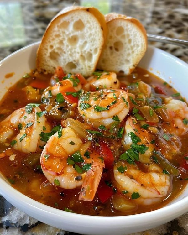 a bowl filled with shrimp and bread on top of a table