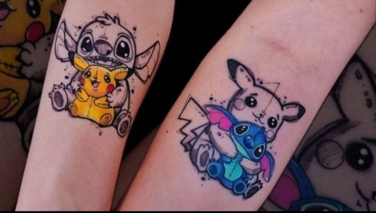 two tattoos on the arms of people with pokemon and pikachu characters behind them