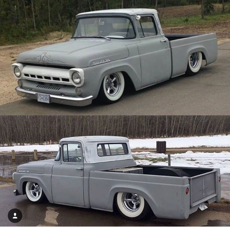 an old gray truck is parked in the parking lot next to another older grey truck