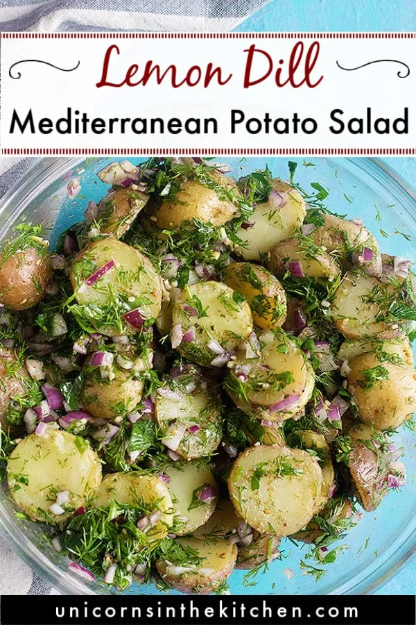 a bowl full of lemon dill mediterranean potato salad