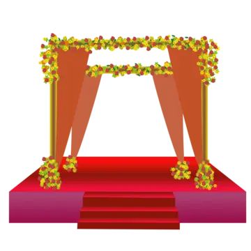 a red carpeted stage with flowers on it and steps leading up to the top