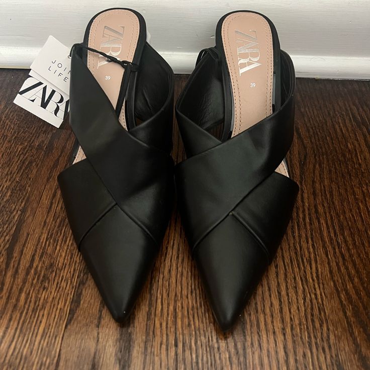 Gorgeous, Unique Black Heels. Criss Cross Pointed Toe Closed Heel In The Front But Open Back. Round/Cylinder Clear Heel, Roughly 3inches. Nwt. Size 39/8 Black Kitten Heels For Office In Spring, Black Kitten Heels For Spring, Spring Black Kitten Heels For Office, Spring Office Black Kitten Heels, Black Pointed Toe Sandals For Workwear, Party Mules With Stacked Heel And Pointed Toe, Spring Black Kitten Heels With Branded Heel Counter, Black Pointed Toe Kitten Heels For Spring, Black Synthetic Kitten Heels With Heel Strap