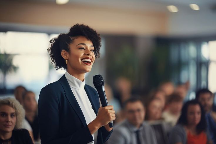 a woman standing in front of a crowd holding a microphone