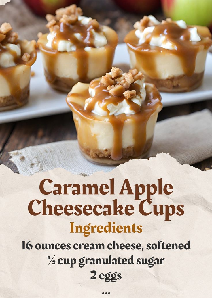 caramel apple cheesecake cups on a white plate