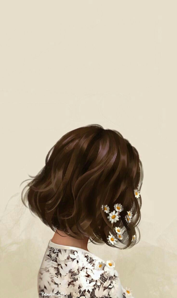 the back of a woman's head with flowers in her hair, against a beige background