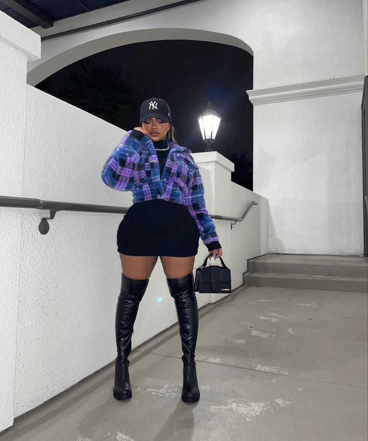 Flannel Going Out Outfit, Plus Size Fall Brunch Outfit, Chunky Heel Booties Outfit, Baddie Club Outfits Winter, Thigh High Boots Outfit Casual, Plus Size Boots Outfit, Plus Size Thigh High Boots Outfit, Thigh High Boots Outfit Black Women, Thigh High Heels Outfit