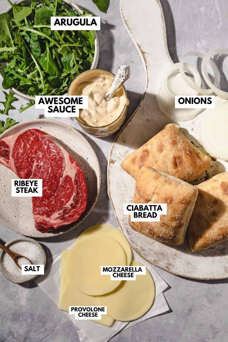 an assortment of meats and cheeses on plates with the names of their ingredients