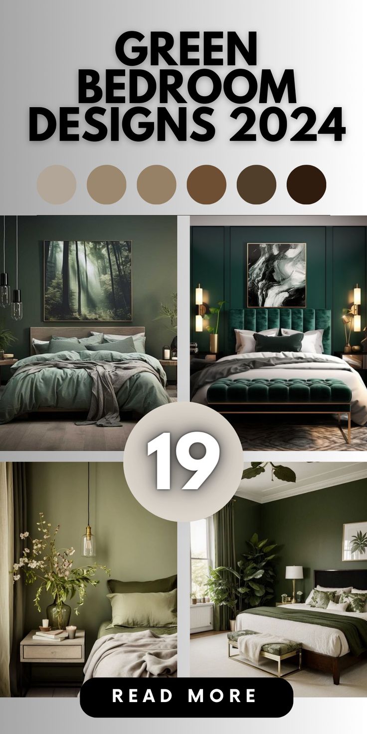 the green bedroom designs are displayed in four different pictures