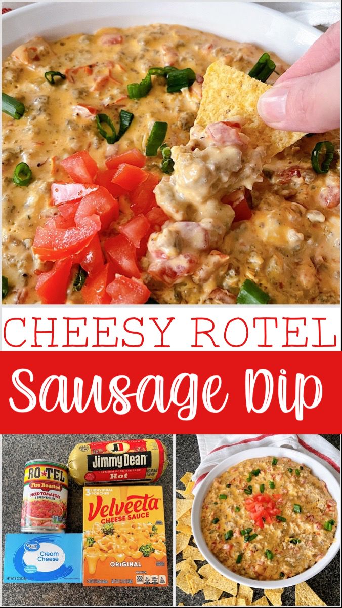 cheesy rotel sausage dip is an easy and delicious appetizer