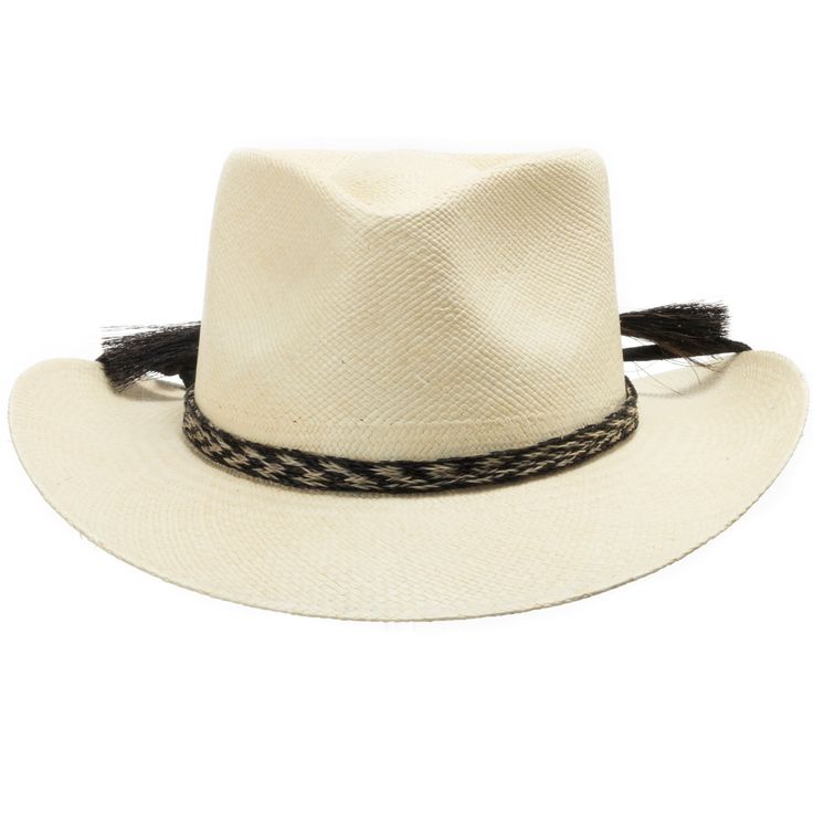 The Rio Grande is an American hybrid between a teardrop crown fedora and the brim and stiffness of a western cowboy hat. Features a sweat-resistant band on the inside and a handcrafted leather and horsehair band on the exterior. The chin strap can be worn functionally or placed above the brim as an extension of the hatband. This item is a genuine Panama Hat handwoven in Ecuador. Imported Material: 100% Toquilla StrawBrim: 3" fixedCrown: 4 1/8" teardropHatband: 5/8" horsetailClimate: Sun Handwove Adjustable Brimmed Panama Hat For Ranch, Adjustable Short Brim Panama Hat For Ranch, Country Style Toquilla Straw Panama Hat For Ranch, Adjustable Panama Hat With Curved Brim For Ranch, Adjustable Western Panama Hat With Curved Brim, Western Panama Hat With Adjustable Curved Brim, Adjustable Curved Brim Panama Hat For Ranch, Western Style Adjustable Wide Brim Panama Hat, Western Brown Panama Hat With Flat Crown