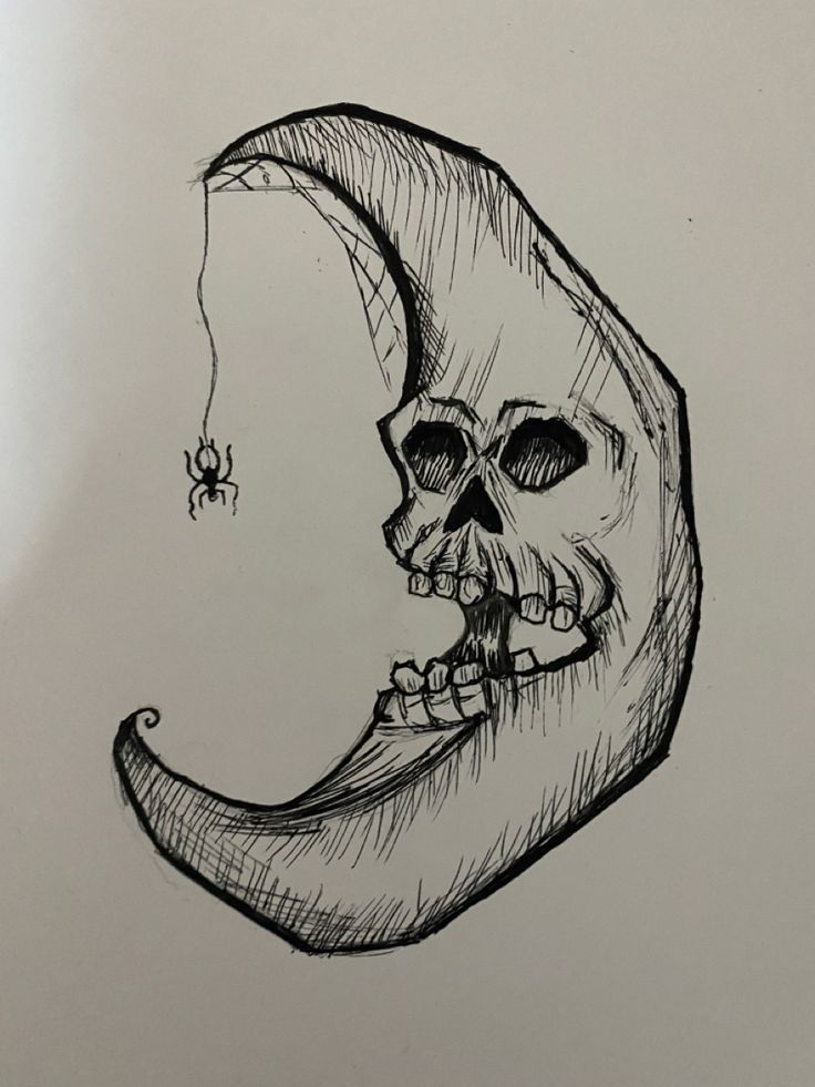 a drawing of a skull on the moon with a spider crawling in it's mouth