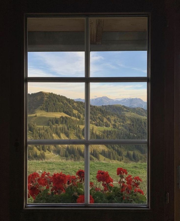 an open window with red flowers in the foreground and green mountains in the background