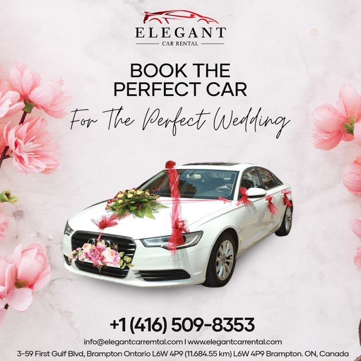 a white car with pink flowers on it and the words book the perfect car for the perfect wedding