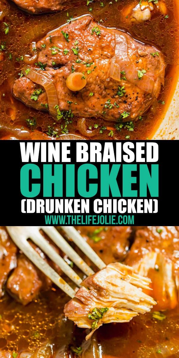 wine braised chicken in a white bowl with a fork