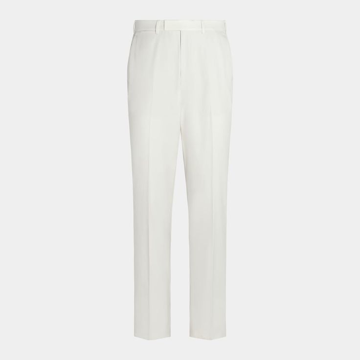 Elevate your look with these high-rise, off-white pants, regular fit with a straight leg. Features include flat front, zip fly, and a discreet after-dinner split for comfort. Elegant Cream Pants With Straight Hem, White Slim Fit Straight Leg Dress Pants, White Slim Fit Straight Pants, White Slim Fit Dress Pants, White Slim Fit Bottoms For Business Casual, White Straight Leg Bottoms With Pressed Crease, White Pants With Pressed Crease For Work, White Wide-leg Bottoms With Pressed Crease, White Pressed Crease Pants For Work