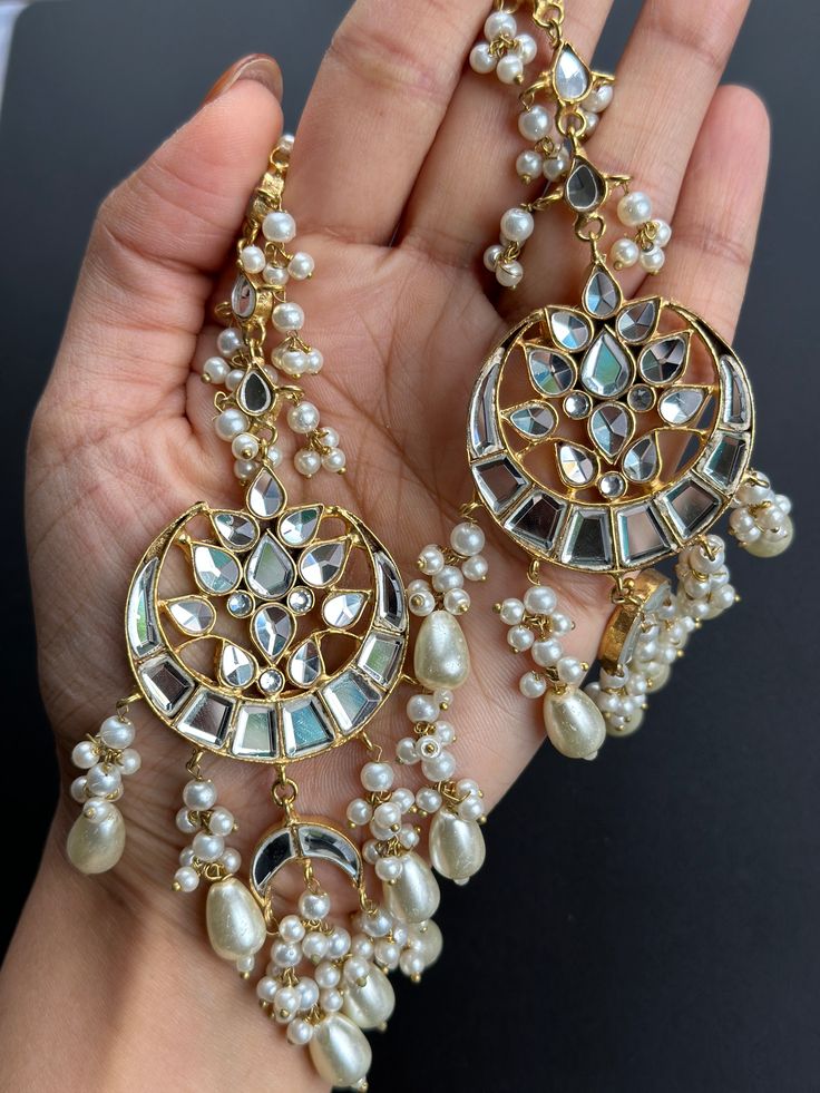 Mirror work and gold plated, this set is perfect for bridesmaid or mehendi/Sangeet to wear with any outfit! Elegant Jhumkas With Mirror Work, Party Jewelry With Zari Work For Festivals, Gold Bridal Earrings With Mirror Work For Parties, Elegant Kundan Danglers For Wedding, Elegant Wedding Bridal Earrings With Zari Work, Gold Earrings With Mirror Work For Party, Party Jewelry With Gota Work, Elegant Gold Tikka With Gota Work, Bollywood Bridal Earrings With Intricate Design