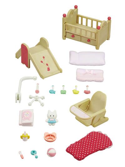 dollhouse furniture and accessories including a baby's bed, crib, sink, changing table