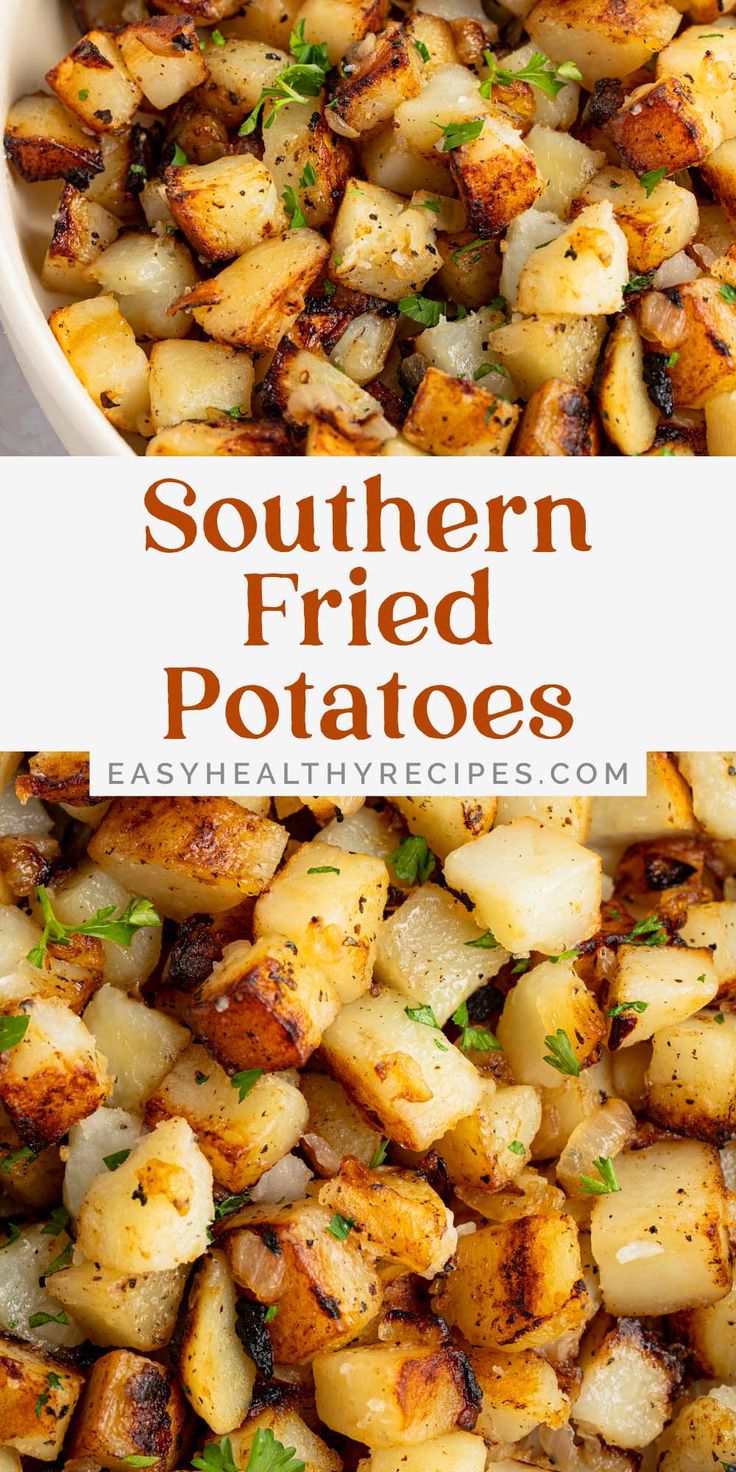 a white bowl filled with fried potatoes and garnished with parsley