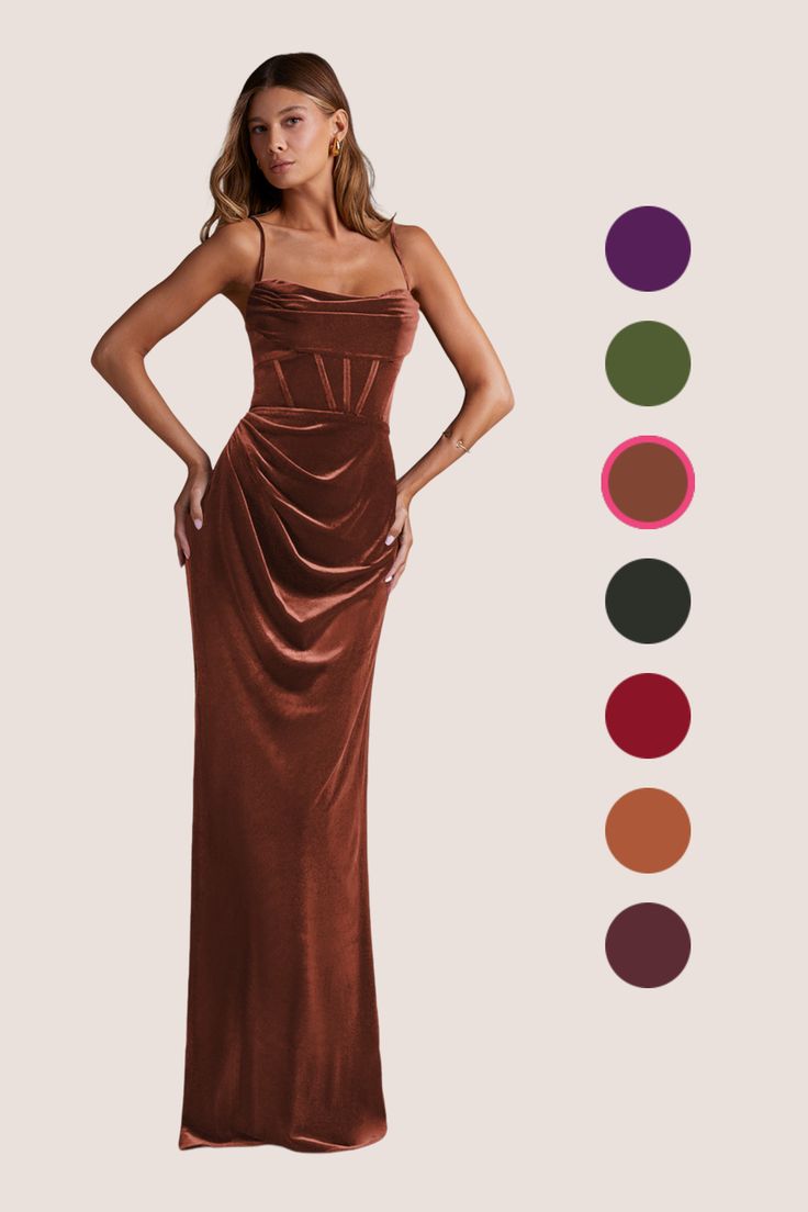 Mai is our fashionable and feminine sheath velvet dress. Her corseted bodice features a flattering pleated cowl neckline, adjustable spaghetti straps, and a beautiful bow tie back. She also has pleats along her skirt with a side leg slit so you can dance the night away in style. Terracotta Bridesmaid Dress, Terracotta Bridesmaid, Velvet Bridesmaid, Velvet Bridesmaid Dresses, Cowl Neckline, Tie Backs, Velvet Dress, Tie Back, Bridesmaid Dress